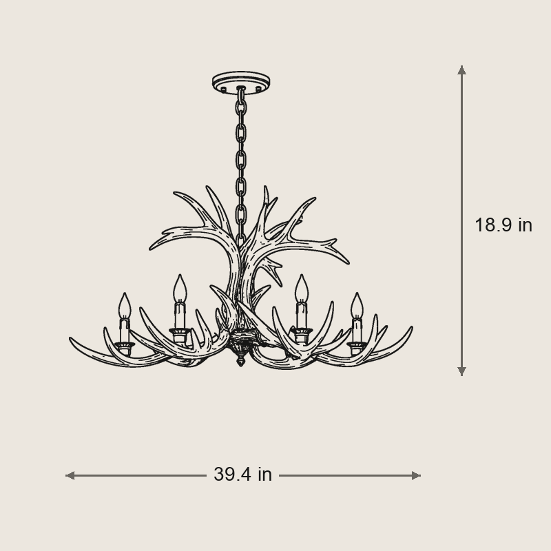 Large Rustic Resin Deer Antler Candelabra Chandelier — Dimensions: 39.4 in diameter, 18.9 in height, 39.4 in chain, cut to length
