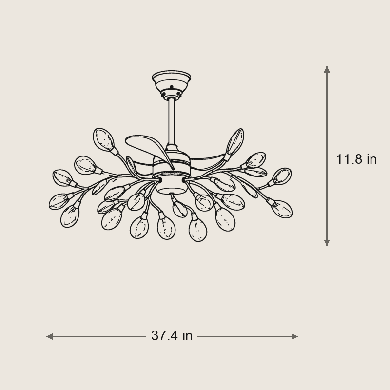 Firefly Remote Control Ceiling Fan — Dimensions: 37.4 in width, 13.4 in height, 11.8 in depth, 11 lb weight