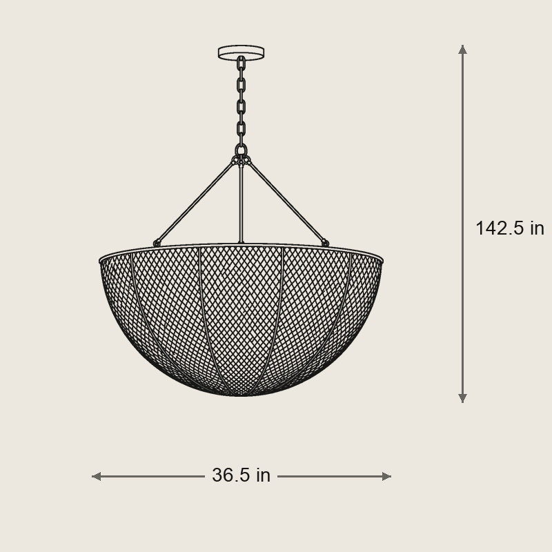 Quinn Chandelier — Dimensions: 36.5 in diameter, 18 in height, 34.5 in chain, cut to length