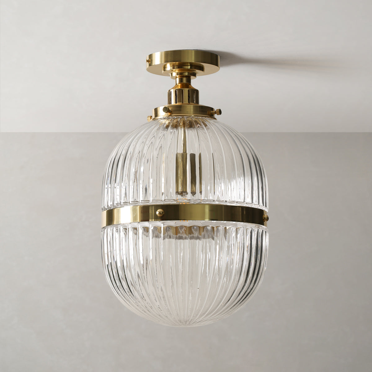 Hastings Hand-Blown Ribbed Glass Antique Brass Semi-Flush Mount