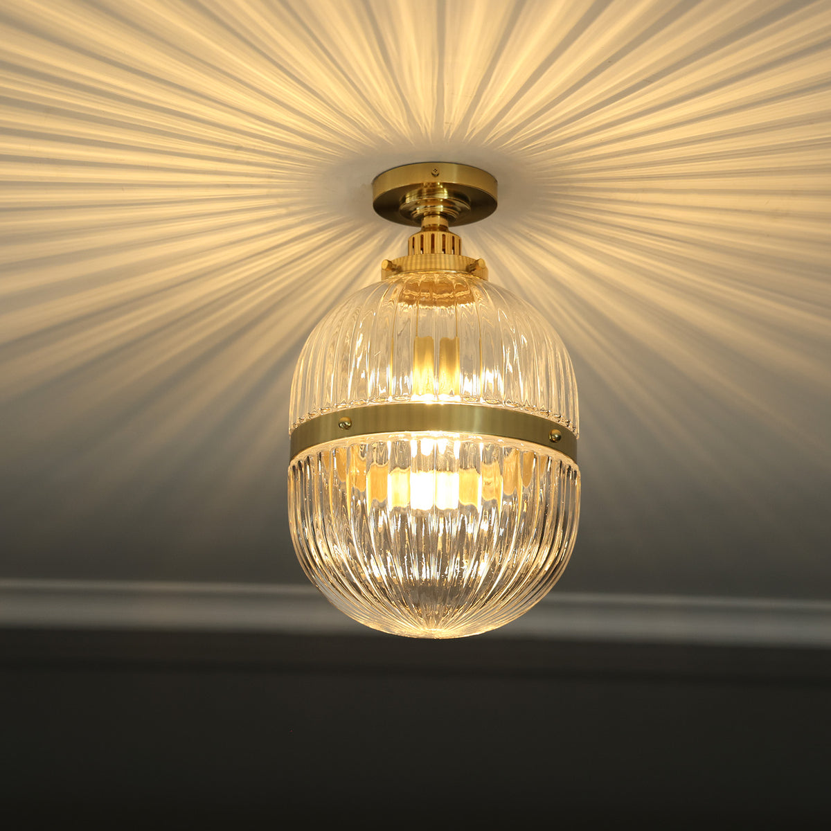 Hastings Hand-Blown Ribbed Glass Antique Brass Semi-Flush Mount