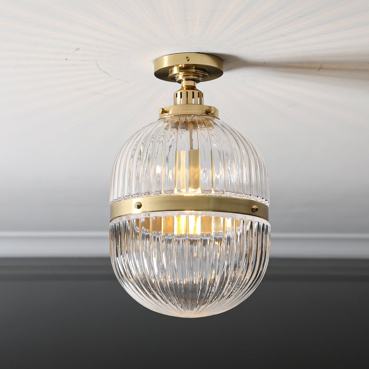 Hastings Hand-Blown Ribbed Glass Antique Brass Semi-Flush Mount