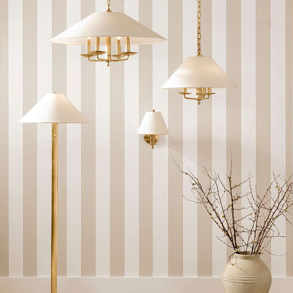 Townes chandelier with reeded brass rods and linen shade