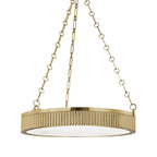 Alden alabaster disc chandelier with aged brass finish and soft warm lighting.