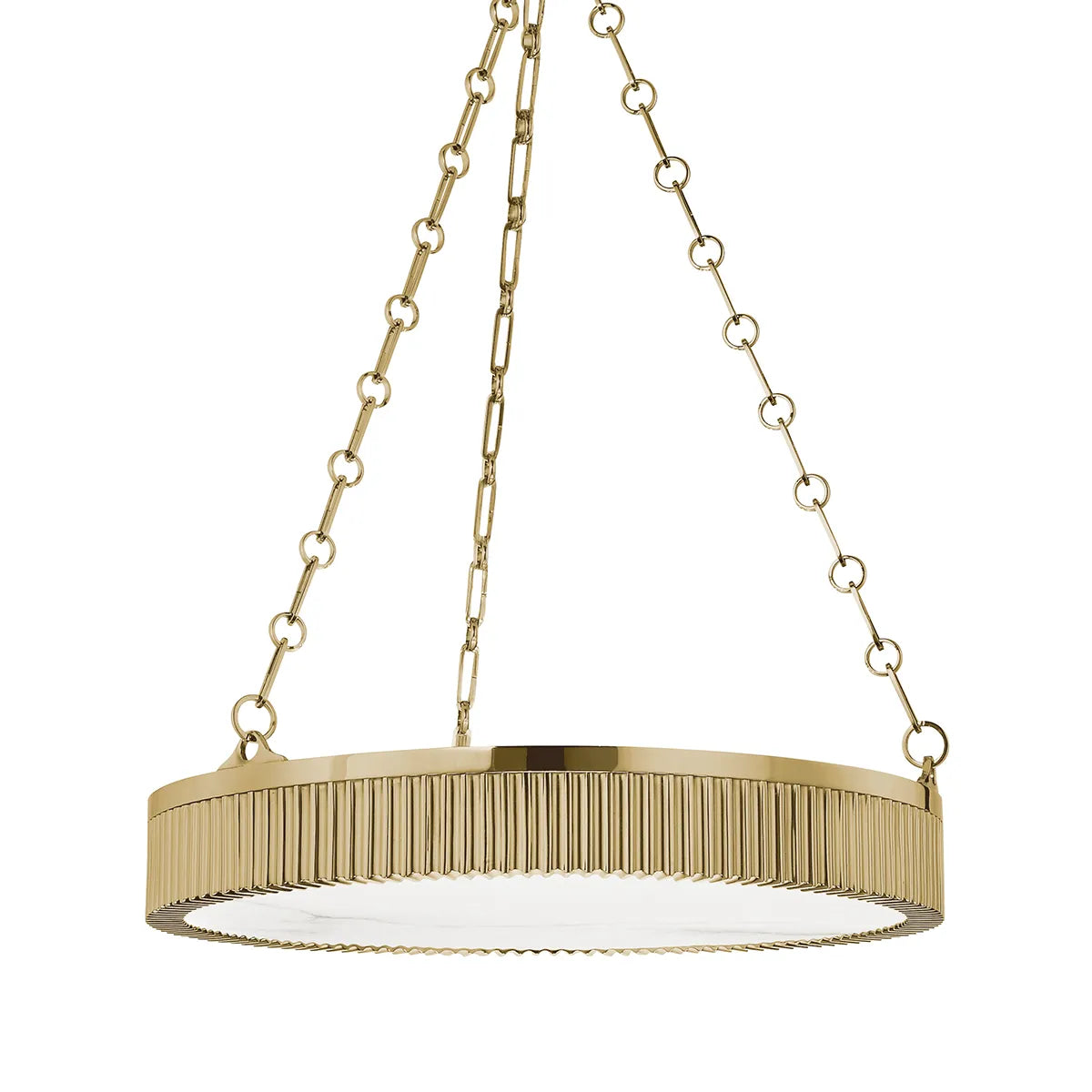 Alden alabaster disc chandelier with aged brass finish and soft warm lighting.