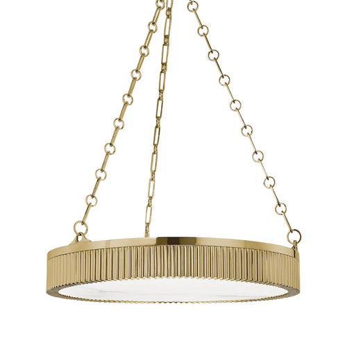Alden alabaster disc chandelier with aged brass finish and soft warm lighting.