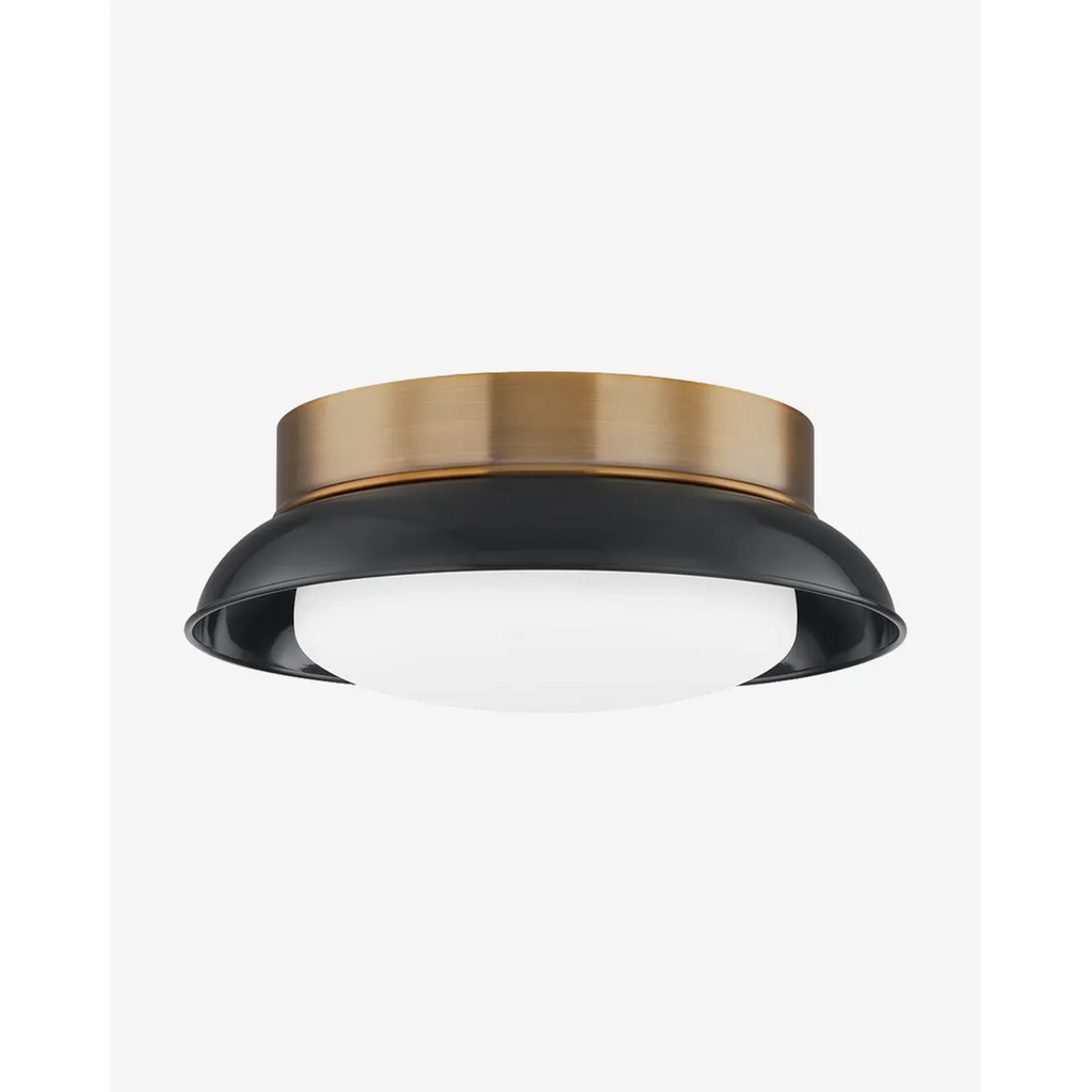 Arnie Flush Mount by Troy Lighting – Modern Farmhouse 2-Light Flush Ceiling Fixture with Glossy Black Shade Patina Brass Canopy Opal Matte Glass Diffuser 14.25" for Bedroom Hallway Kitchen