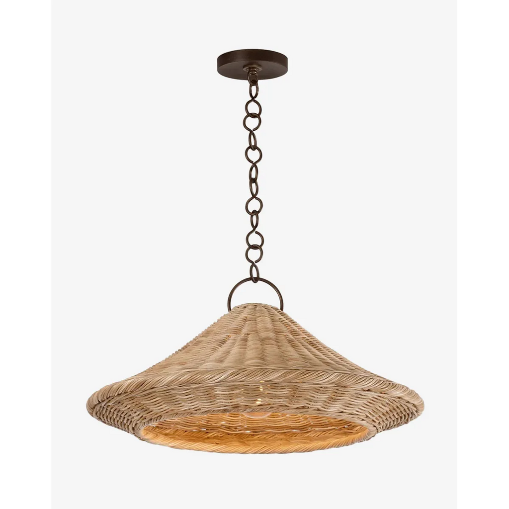 Baychester Pendant urban industrial hanging light with warm focused downlight above kitchen island in contemporary loft interior