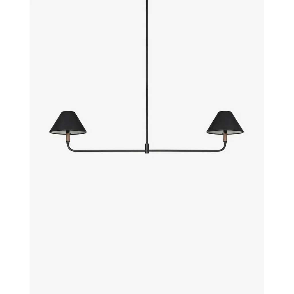 Cullen Linear Double Pendant featuring a sleek linear frame with dual designer shades, ideal for modern kitchen islands and dining room lighting.