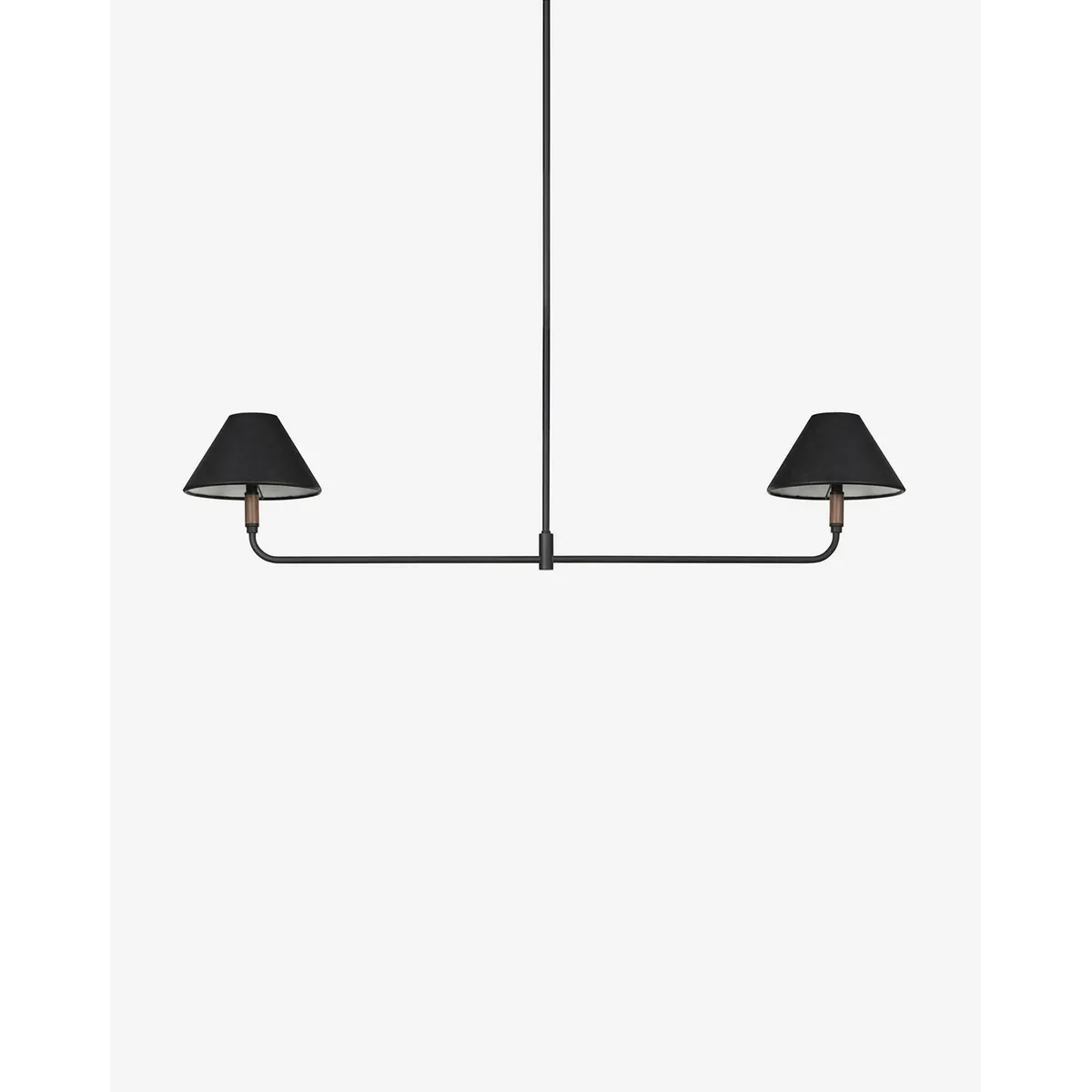 Cullen Linear Double Pendant featuring a sleek linear frame with dual designer shades, ideal for modern kitchen islands and dining room lighting.