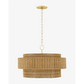 Danica Wicker Pendant handwoven hanging light with warm filtered glow over dining table in bohemian interior