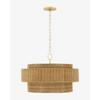 Danica Wicker Pendant handwoven hanging light with warm filtered glow over dining table in bohemian interior