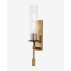 Elton Sconce mid-century modern wall light with brushed brass finish casting soft upward glow