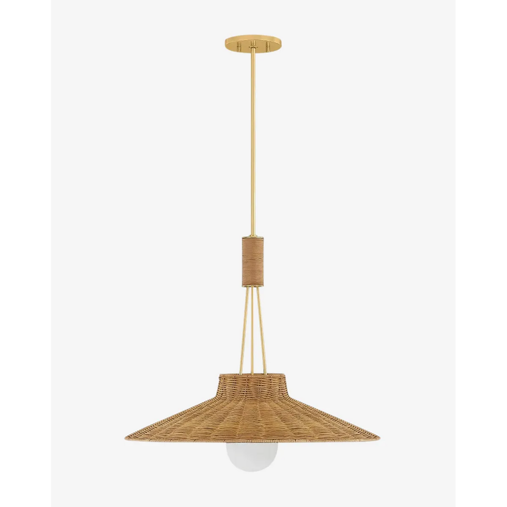 Laudine Wicker Pendant bell-shaped woven hanging light with warm dappled glow over dining table in coastal interior