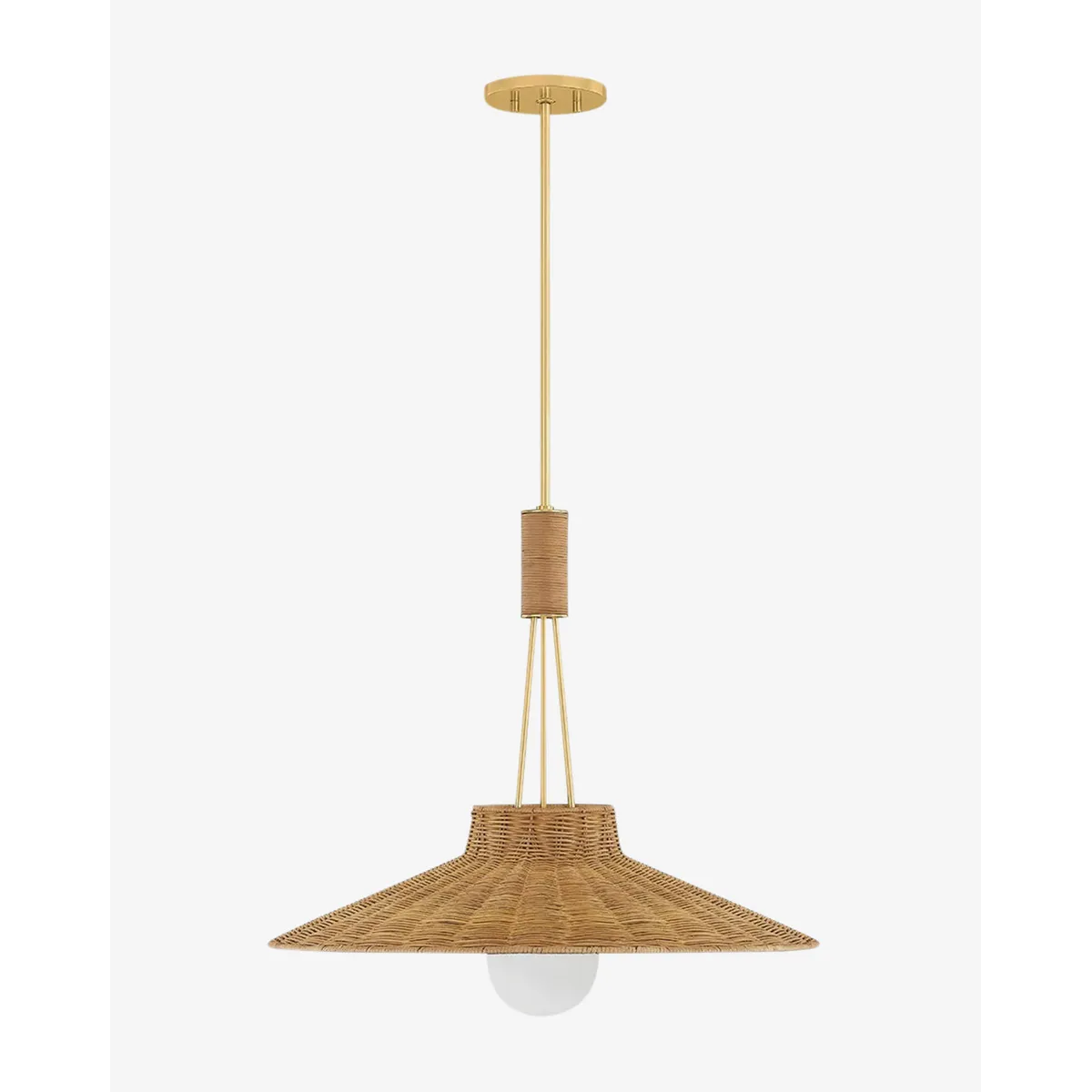 Laudine Wicker Pendant bell-shaped woven hanging light with warm dappled glow over dining table in coastal interior
