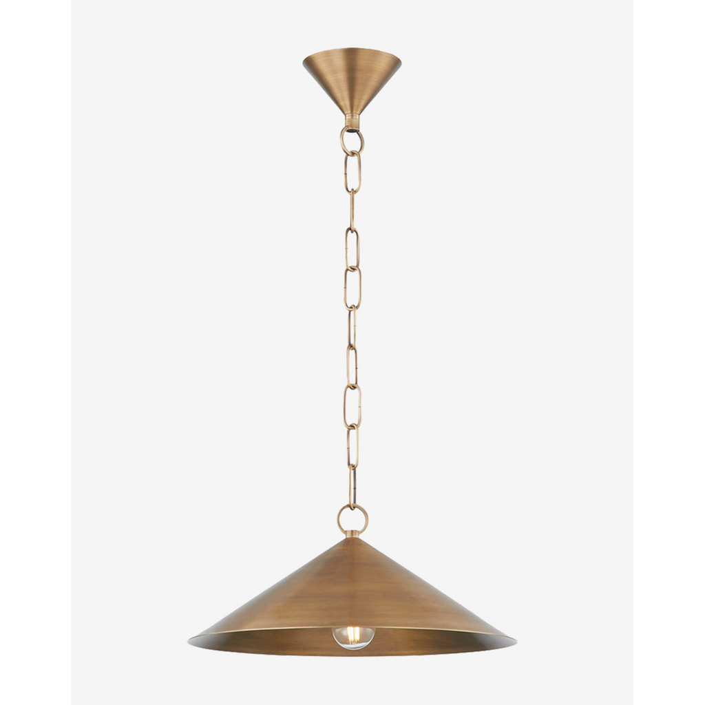 Midvale Pendant hanging light with tapered shade over kitchen island casting warm downlight
