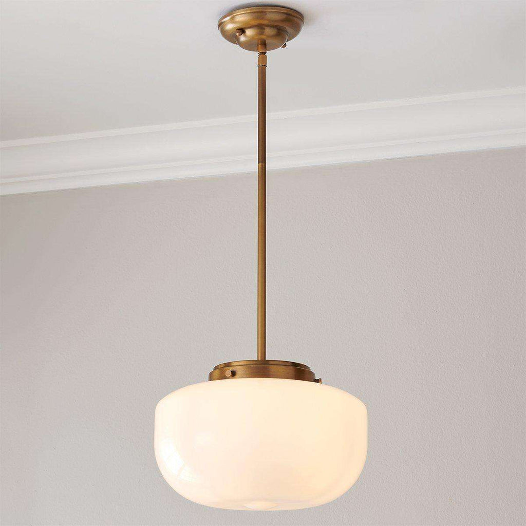 satin brass schoolhouse pendant light with opal globe