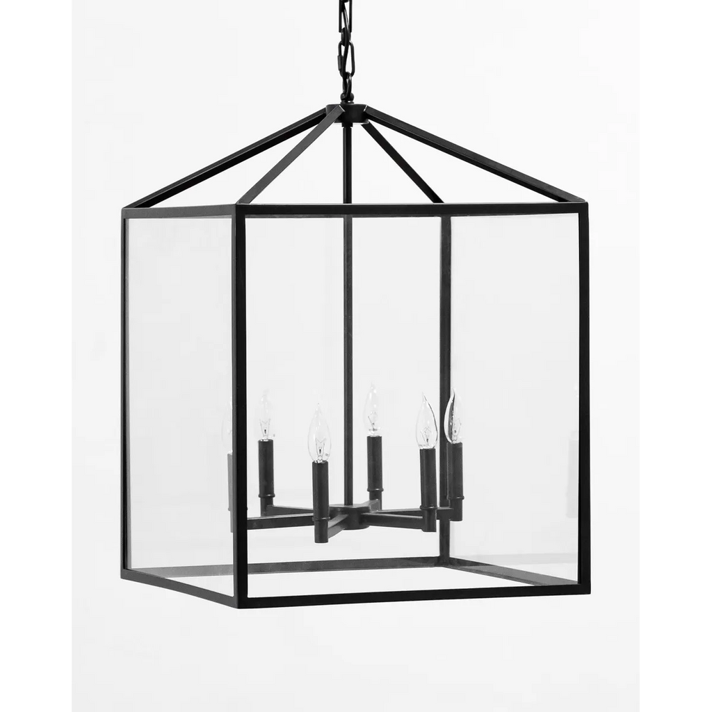 Pietro Lantern Pendant Italian-inspired geometric open-frame hanging lantern with warm ambient glow in elegant dining room