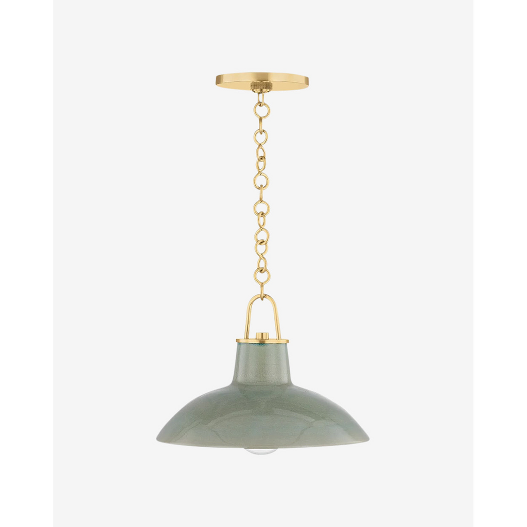 Pottersville Pendant artisan ceramic hanging light with handthrown shade and warm downlight over farmhouse kitchen island
