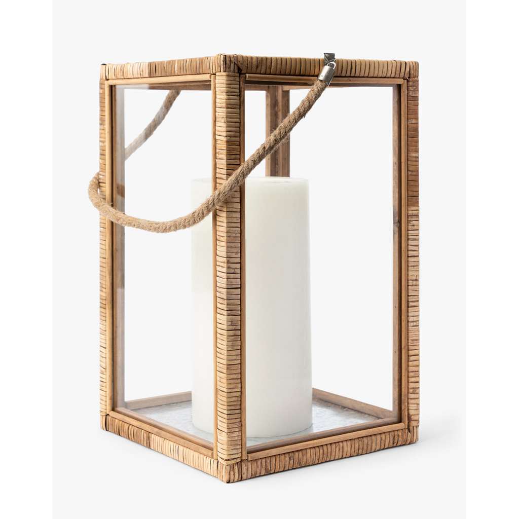 Rattan and Glass Lantern — Natural Rattan Lantern with Warm Even Glow