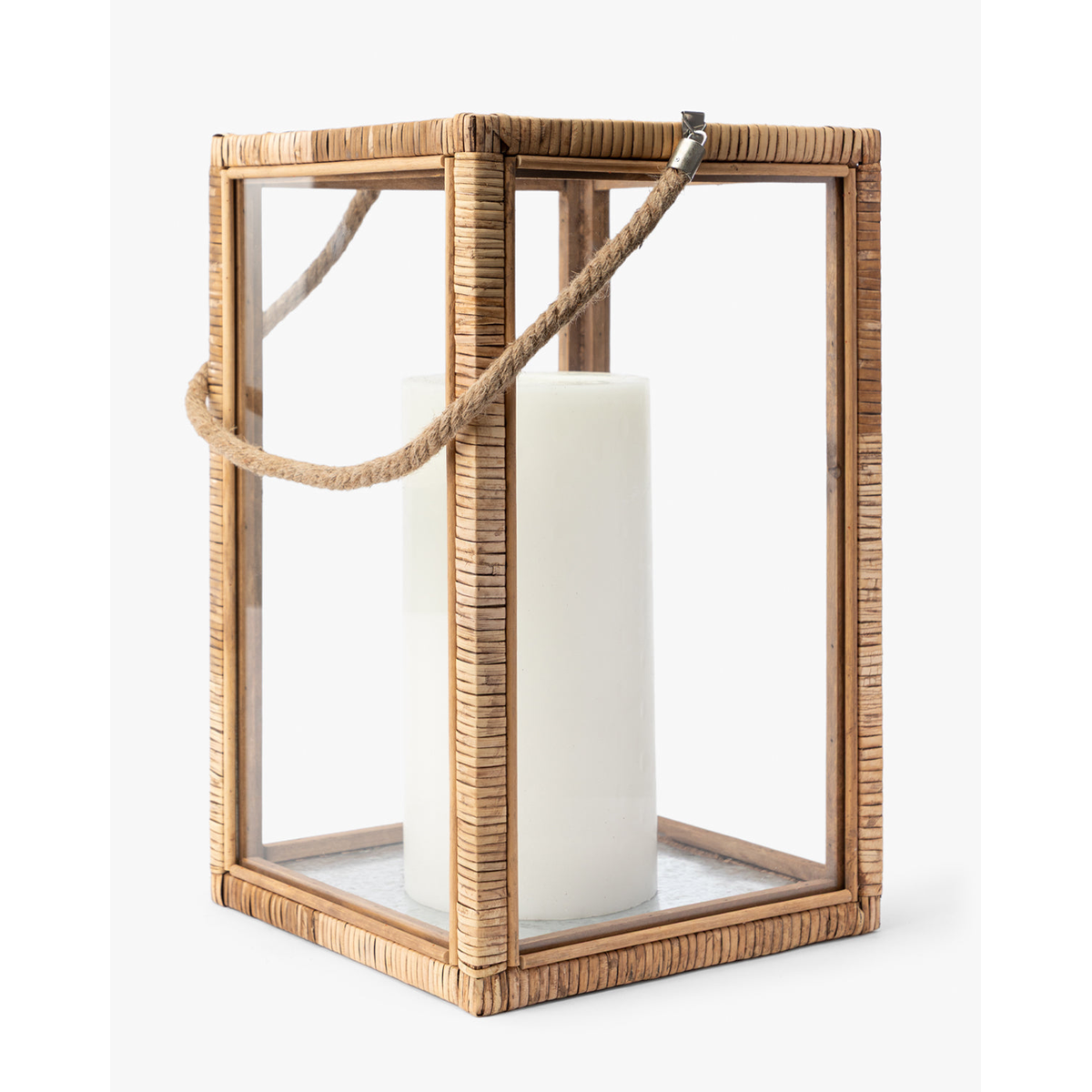 Rattan and Glass Lantern — Natural Rattan Lantern with Warm Even Glow