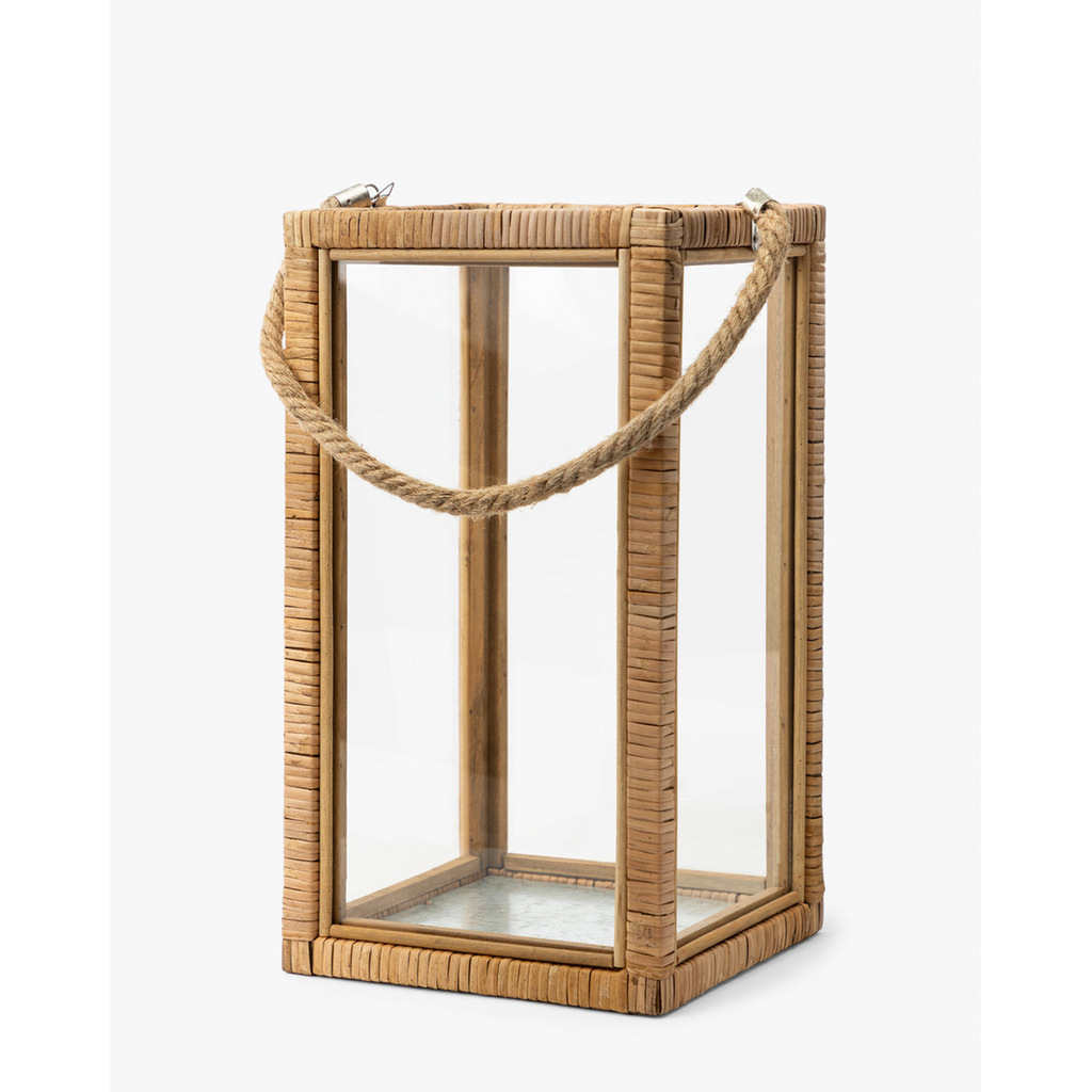 Rattan and Glass Lantern — Natural Rattan Lantern with Warm Even Glow