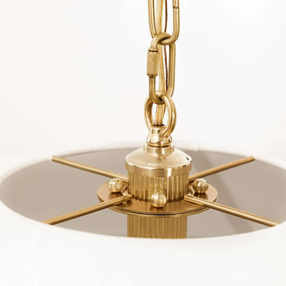 Townes chandelier with reeded brass rods and linen shade