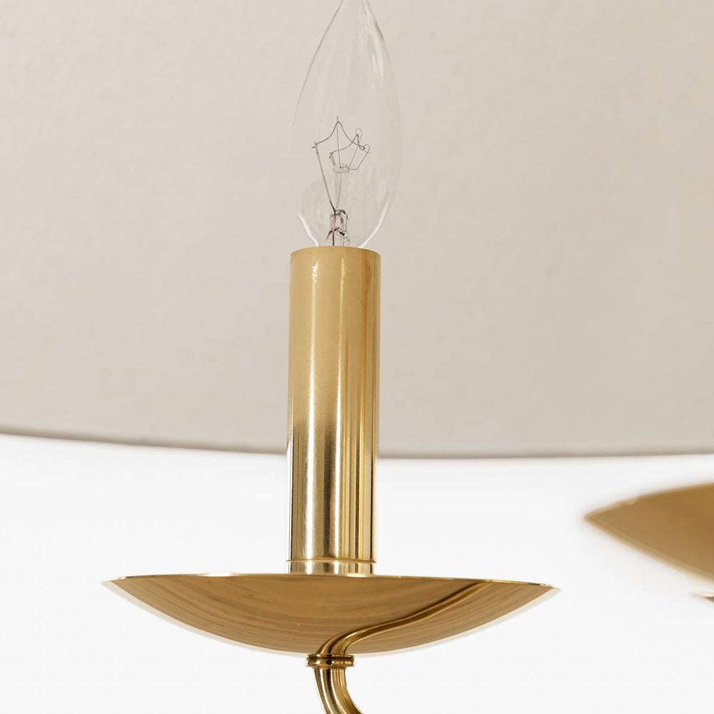 Townes chandelier with reeded brass rods and linen shade