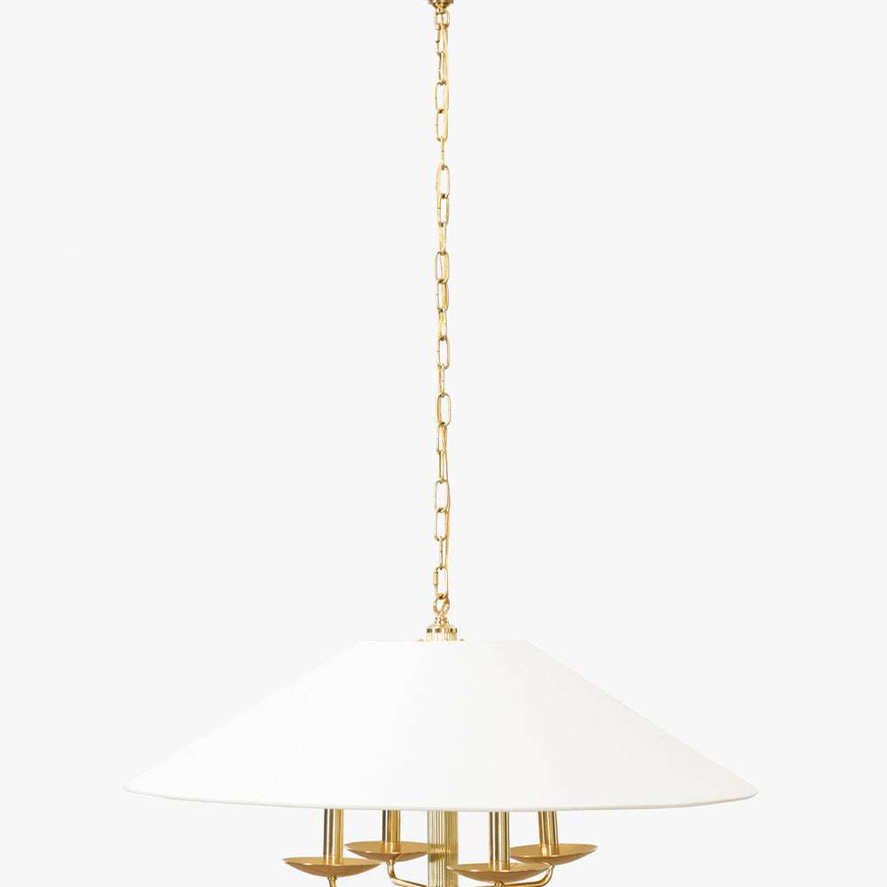 Townes chandelier with reeded brass rods and linen shade