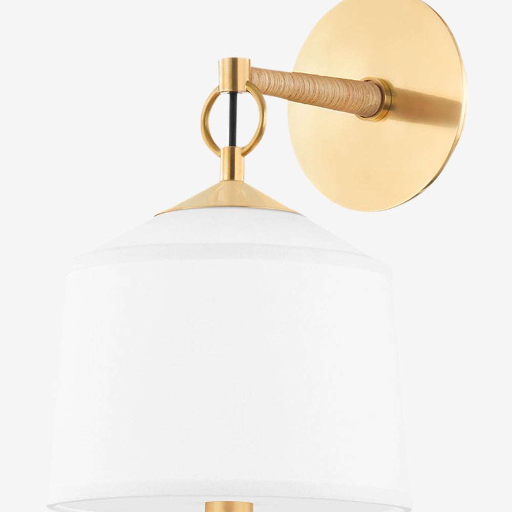 White Plains Wall Sconce clean-lined white wall light with warm even glow in bright modern bedroom interior