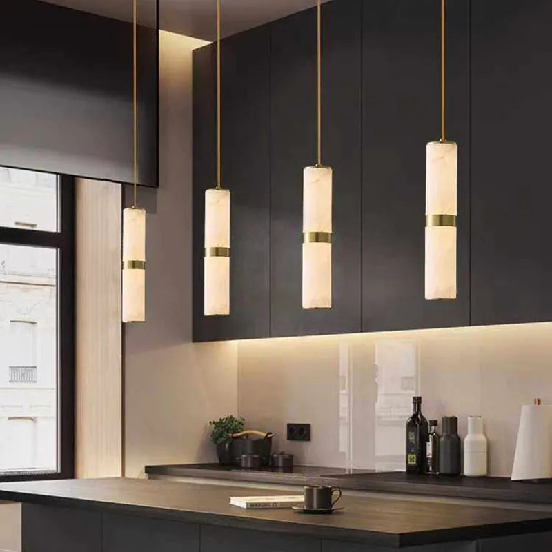 Alabaster Cylinder Pendant Light with Brass Accent – LED Mini Pendant - View 2