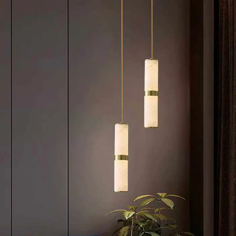 Alabaster Cylinder Pendant Light with Brass Accent – LED Mini Pendant - View 3