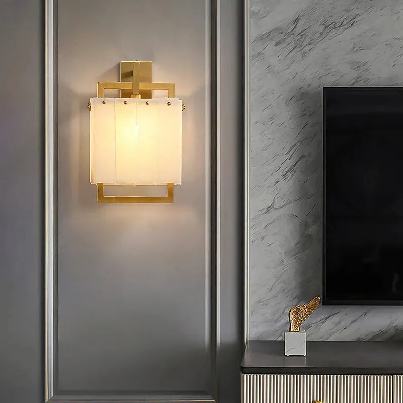 Alabaster Rectangular Wall Lamp | Copper Frame Elegant Accent Lighting - View 4