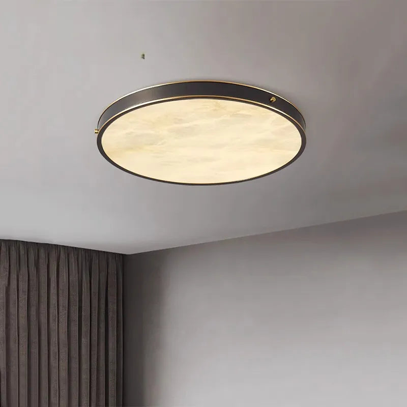 Alabaster Round Flushmount Ceiling Light | Brass Minimal Fixture - View 2