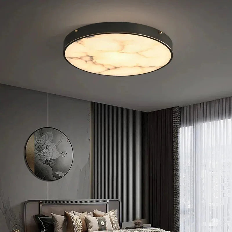 Alabaster Round Flushmount Ceiling Light | Brass Minimal Fixture - View 3