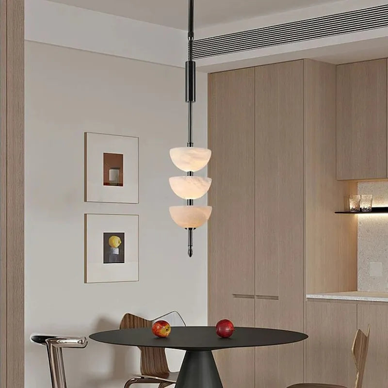Modern Hanging Lamp – Alabaster Triple Half Spheres Vertical Suspension Light