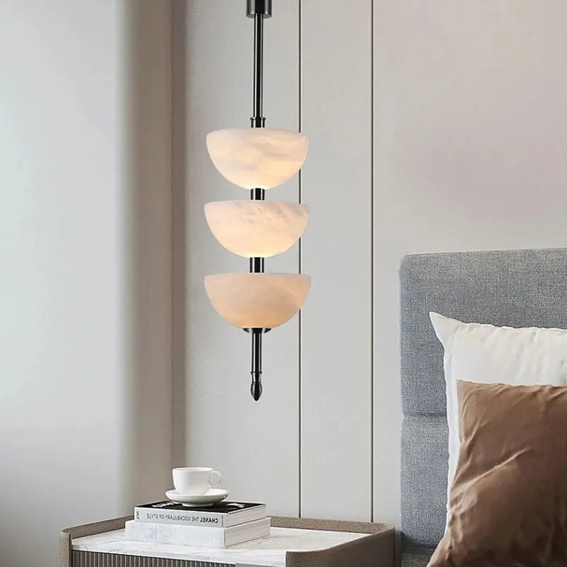 Modern Hanging Lamp – Alabaster Triple Half Spheres Vertical Suspension Light - View 2