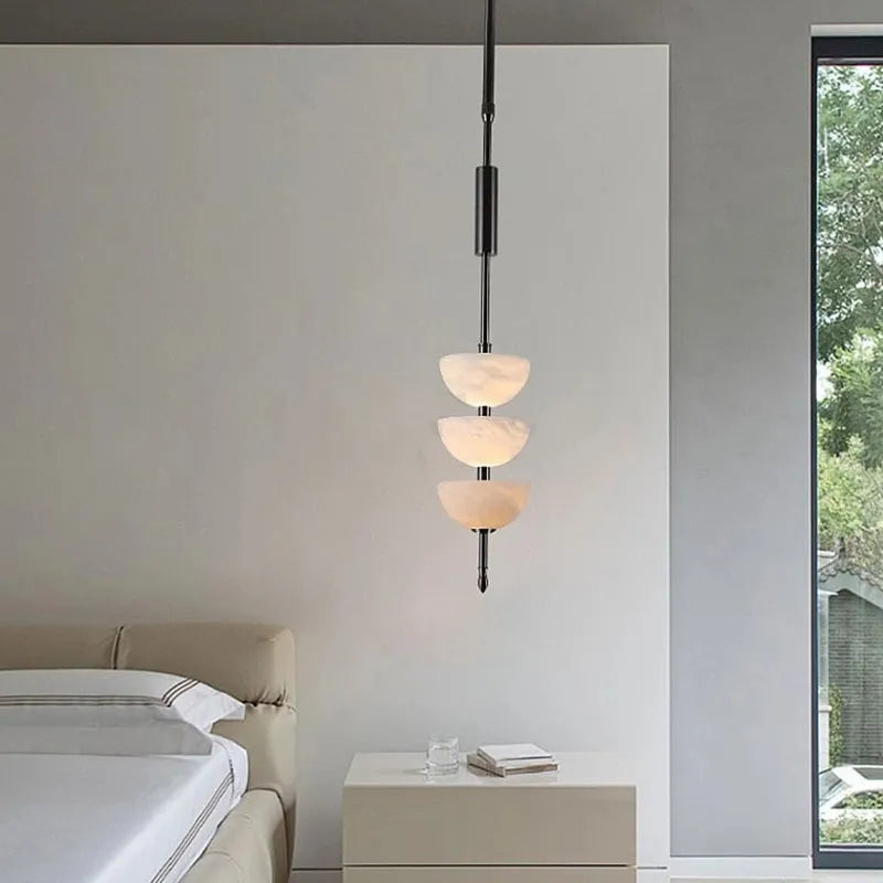 Modern Hanging Lamp – Alabaster Triple Half Spheres Vertical Suspension Light - View 3