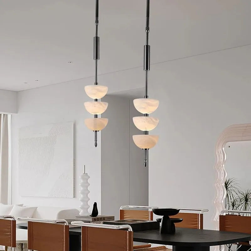 Modern Hanging Lamp – Alabaster Triple Half Spheres Vertical Suspension Light - View 4