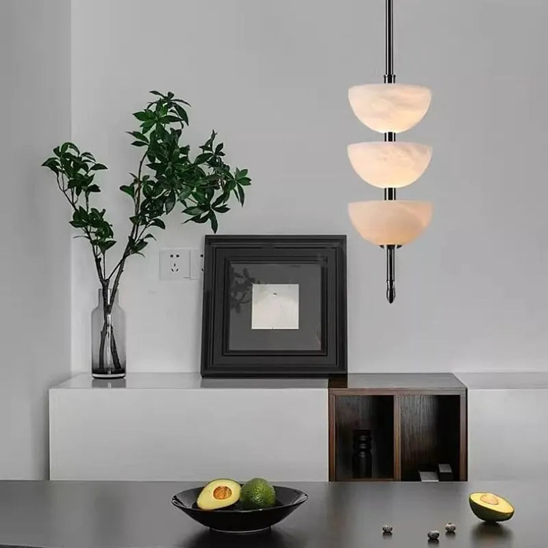 Modern Hanging Lamp – Alabaster Triple Half Spheres Vertical Suspension Light - View 5