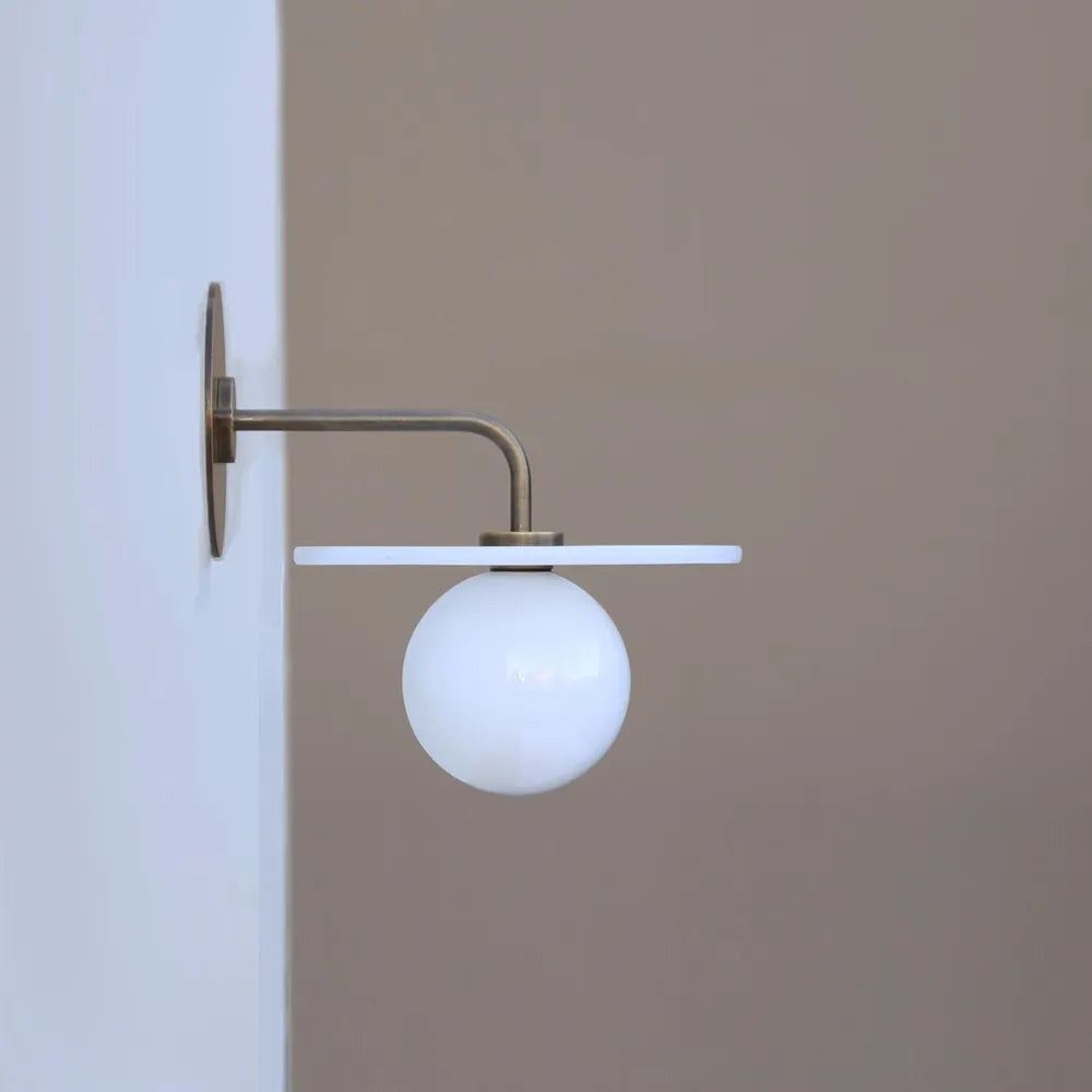 Mid-Century Brass Alabaster Wall Lamp with White Globe Shade - View 2