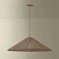 Woven Disc Pendant Light natural handwoven flat disc hanging light with warm dappled glow above dining table in bohemian interior