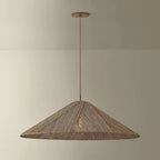 Woven Disc Pendant Light natural handwoven flat disc hanging light with warm dappled glow above dining table in bohemian interior