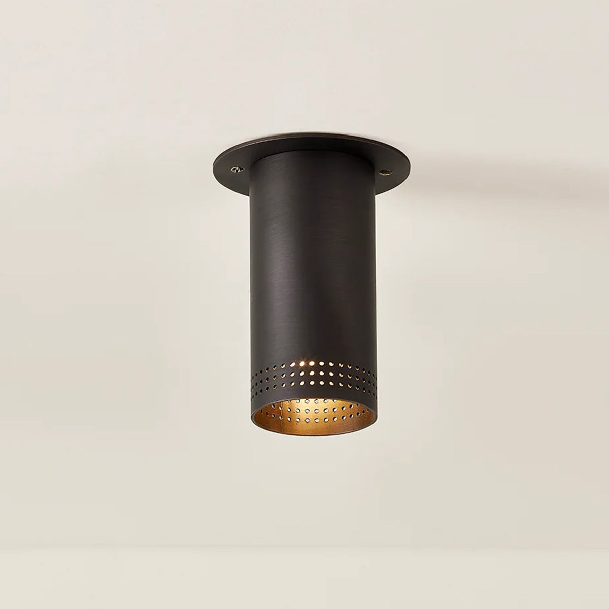 One-Light Perforated Steel Flush Mount Downlight in Brass or Bronze