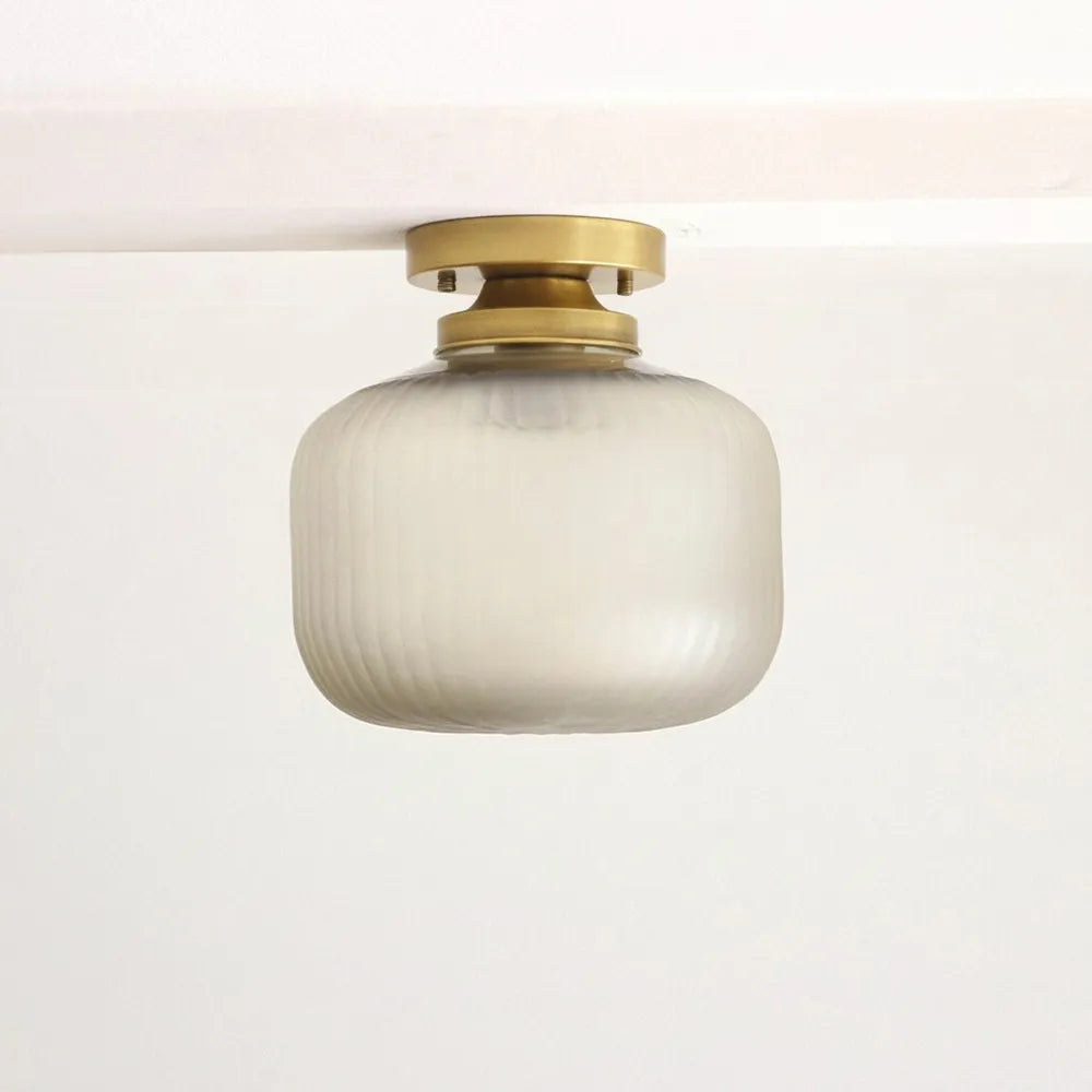 Contemporary Brass Flush Mount Ceiling Light with Textured Glass Shade