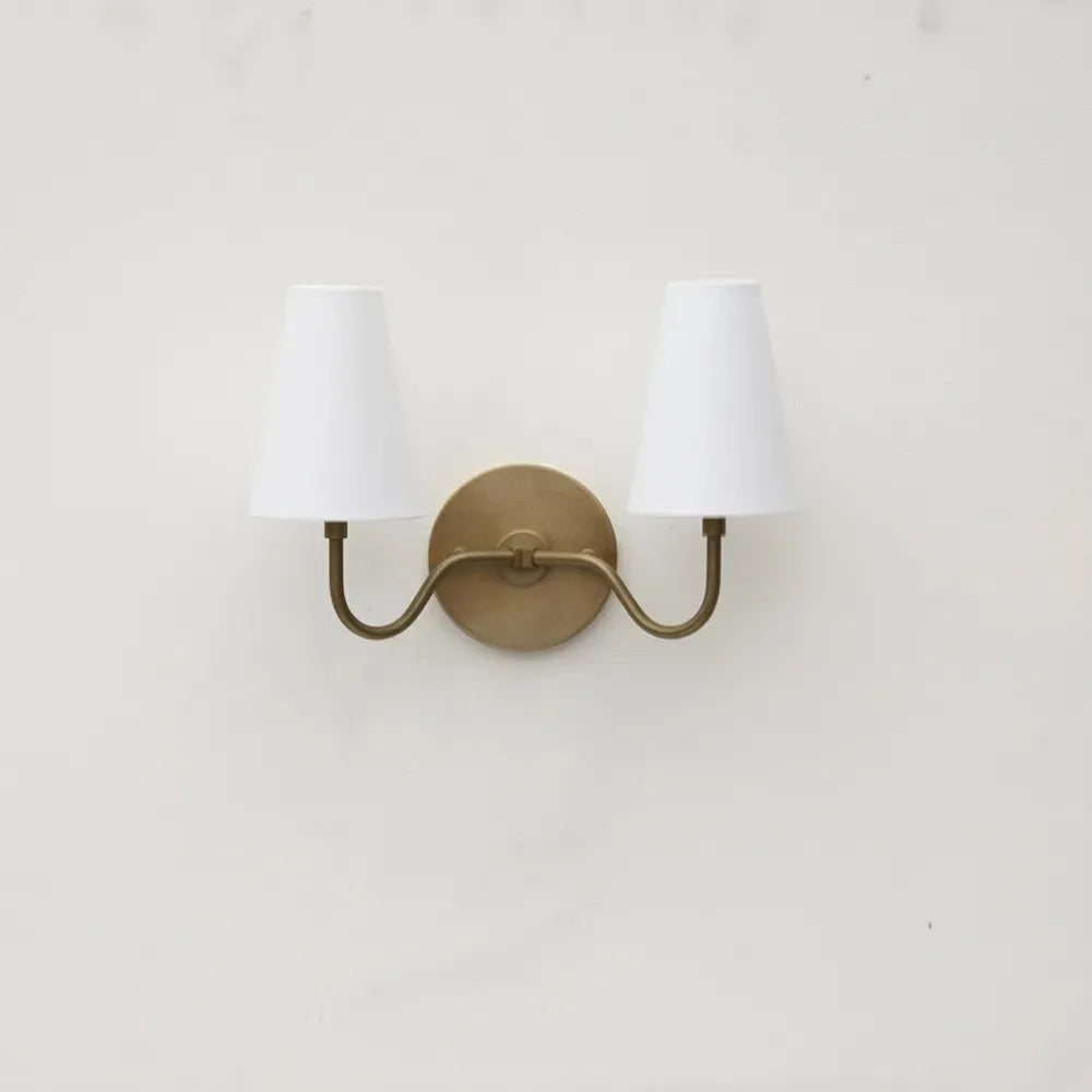 Classic 2-Light Brass Wall Sconce with Linen Fabric Shades - View 2