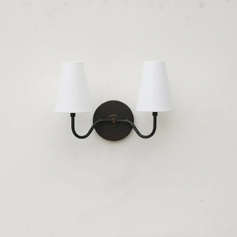 Classic 2-Light Brass Wall Sconce with Linen Fabric Shades - View 3