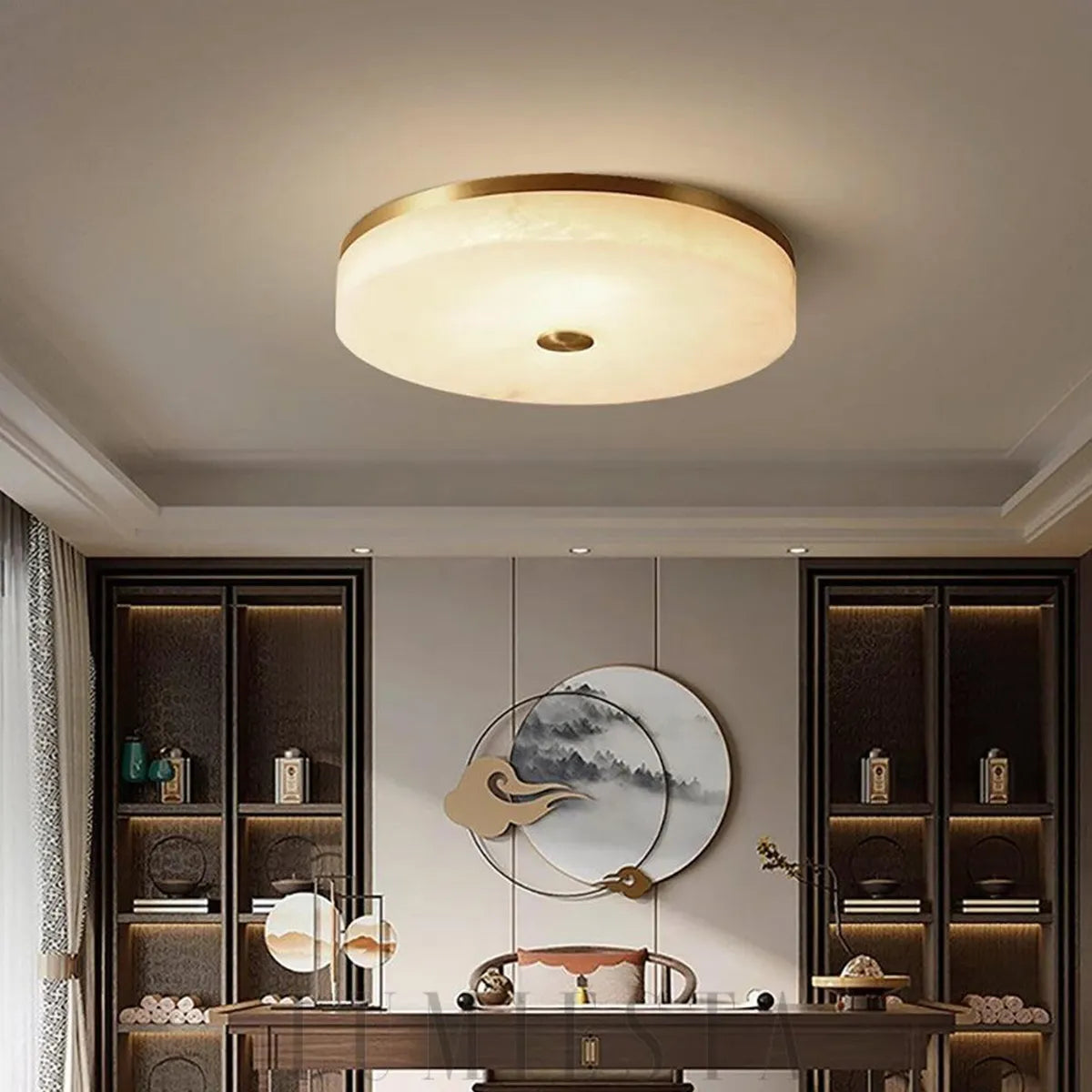 Brass Round Alabaster Ceiling Light – Contemporary Indoor Ceiling Fixture - View 3