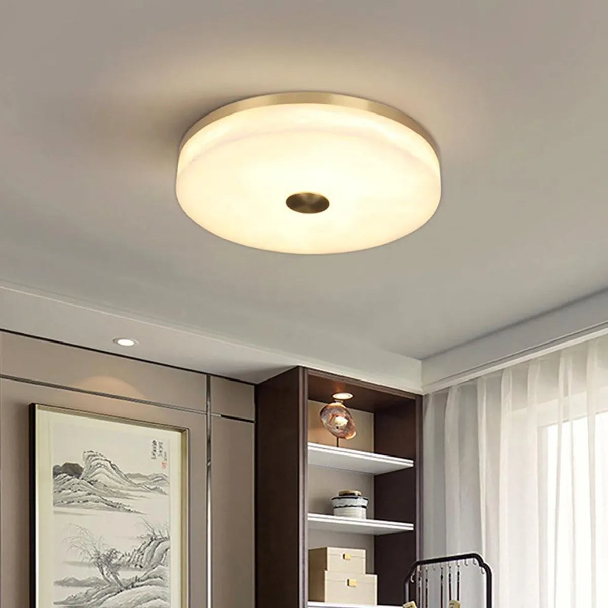 Brass Round Alabaster Ceiling Light – Contemporary Indoor Ceiling Fixture - View 4