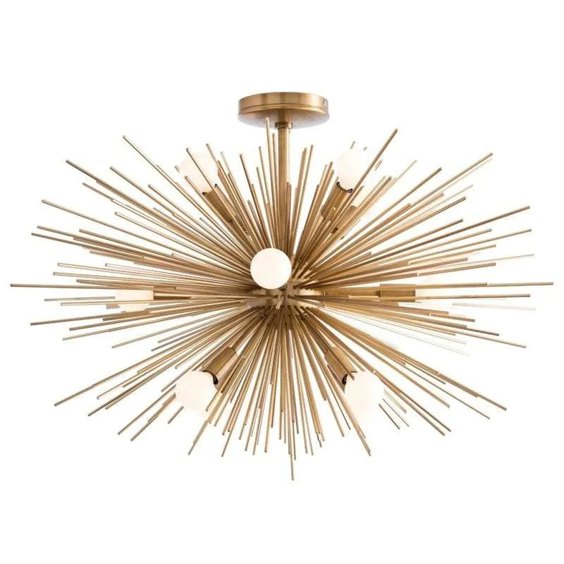 Brass Starburst Chandelier mid-century Sputnik multi-arm brass ceiling light with warm golden glow in contemporary living room interior